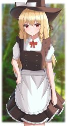 Rule 34 | 100th black market, 1girl, aohane, apron, back bow, blonde hair, blurry, blurry background, blush, border, bow, bowtie, breasts, brown dress, brown hat, brown ribbon, bush, buttons, closed mouth, collared shirt, commentary request, dress, eyes visible through hair, frills, grass, grey bow, hair between eyes, hand on own hip, hat, hat bow, highres, kirisame marisa, leaf, long hair, looking away, medium breasts, multicolored buttons, outside border, puffy short sleeves, puffy sleeves, red bow, red bowtie, red eyes, ribbon, shirt, short sleeves, smile, solo, standing, sunlight, touhou, tree, white apron, white border, white shirt, witch hat