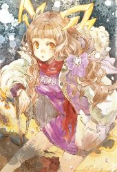 Rule 34 | 1girl, animal ears, blonde hair, blunt bangs, hair ribbon, jacket, long hair, looking at viewer, low twintails, open mouth, orange eyes, reality arc (sinoalice), red riding hood (sinoalice), ribbon, scarf, sidelocks, sino nb3, sinoalice, snow, solo, tail, twintails, wavy hair, winter