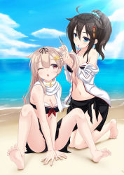 Rule 34 | 10s, 2girls, :&gt;, ;o, ahoge, alternate hairstyle, bare arms, bare shoulders, barefoot, beach, bikini, black hair, blonde hair, blue eyes, blush, breasts, cleavage, cloud, cloudy sky, comb, day, feet, grabbing another&#039;s hair, gradient hair, hair flaps, hair ornament, hair ribbon, hairclip, highres, hirocchi, kantai collection, kneeling, long hair, multicolored hair, multiple girls, navel, ocean, one eye closed, open mouth, outdoors, ponytail, red eyes, ribbon, scrunchie, shigure (kancolle), sitting, sky, smile, swimsuit, yuudachi (kancolle)