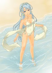 Rule 34 | 1girl, absurdres, blue eyes, blue hair, breasts, casual one-piece swimsuit, frilled swimsuit, frills, full body, halterneck, highleg, highleg swimsuit, highres, kantai collection, light blue hair, looking at viewer, official alternate costume, one-piece swimsuit, pot-de, sagiri (kancolle), small breasts, soaking feet, solo, swimsuit, towel, white one-piece swimsuit