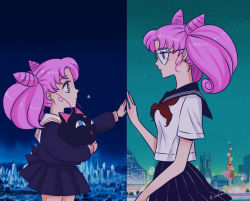 Rule 34 | 1990s (style), 2girls, age difference, bishoujo senshi sailor moon, bishoujo senshi sailor moon r, blue sailor collar, chibi usa, city, cone hair bun, double bun, dual persona, earrings, female focus, from side, glasses, hair bun, jewelry, lisginka, luna-p, miniskirt, multiple girls, aged up, pink eyes, pink hair, pleated skirt, retro artstyle, sailor collar, school uniform, serafuku, signature, skirt, sky, time paradox, tower, twintails, white sailor collar