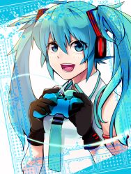 Rule 34 | 1girl, :d, bad id, bad pixiv id, black gloves, blue eyes, blue hair, controller, fumizuki ryou, game controller, gloves, happy, hatsune miku, headphones, matching hair/eyes, open mouth, playing games, smile, solo, vocaloid, lat model (mikumikudance)