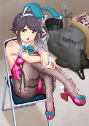 Rule 34 | 1girl, adapted costume, ahoge, animal ears, black hair, blue bow, blue bowtie, bow, bowtie, chair, commentary request, detached collar, fake animal ears, fishnet pantyhose, fishnets, folding chair, grey pantyhose, hair ribbon, hayanami (kancolle), kantai collection, kazagumo (kancolle), kishinami (kancolle), leotard, long hair, looking at viewer, moke ro, pantyhose, playboy bunny, ponytail, purple footwear, purple leotard, rabbit ears, rabbit tail, ribbon, rudder footwear, short hair, sidelocks, sitting, solo, tail, white ribbon, wrist cuffs, yellow eyes