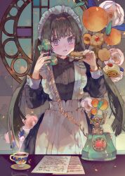 Rule 34 | 1girl, absurdres, apron, black dress, black hair, cake, cha goma, checkerboard cookie, comiket 101, commentary request, cookie, corded phone, cup, dress, flower, food, frilled apron, frills, grey eyes, hands up, highres, holding, holding food, holding phone, long hair, long sleeves, low twintails, maid, maid headdress, open mouth, original, phone, puffy long sleeves, puffy sleeves, round window, saucer, sharp teeth, solo, swiss roll, teacup, teeth, twintails, very long hair, white apron, white flower, window