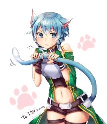 Rule 34 | 10s, 1girl, animal ears, armor, bad id, bad pixiv id, blue eyes, blue hair, breastplate, cat ears, colored eyelashes, highres, holding own tail, lee jin byeol, matching hair/eyes, short hair, short shorts, shorts, sinon, sinon (sao-alo), solo, sword art online, tail