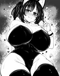 Rule 34 | 1girl, :q, animal ears, bell, blush, breasts, cat ears, closed eyes, commentary request, condom, condom wrapper, cowboy shot, greyscale, groin, haseru (ginku mh), heart, heart-shaped pupils, huge breasts, leotard, looking at viewer, monochrome, neck bell, original, short hair, solo, sweatdrop, symbol-shaped pupils, thighhighs, tongue, tongue out, wrist cuffs