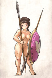 Rule 34 | 1girl, abs, aspis, blush, breasts, brown eyes, brown hair, completely nude, highres, holding, holding polearm, holding weapon, hoplite, ironlily, large breasts, muscular, muscular female, nude, original, polearm, shield, simple background, solo, spear, weapon