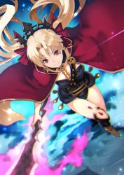Rule 34 | 1girl, asymmetrical legwear, black thighhighs, blonde hair, cape, chromatic aberration, earrings, ereshkigal (fate), fate/grand order, fate (series), from above, gold trim, hair ribbon, highres, holding, holding weapon, jewelry, long hair, looking to the side, red cape, red eyes, red ribbon, ribbon, single thighhigh, skull, smile, solo, thighhighs, tiara, tohsaka rin, uneven legwear, weapon, yoshio (55level)