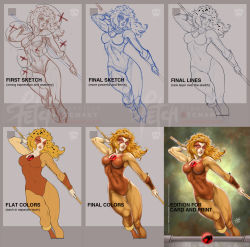 Rule 34 | 1girl, 2015, 2016, alien, arm guards, breasts, chart, cheetara, comparison, dated, deviantart username, english text, fighting stance, franciscoetchart, highres, insignia, leotard, long hair, multiple views, realistic, signature, sketch, spanish text, staff, thundercats, toned, watermark