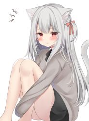 Rule 34 | 1girl, animal ear fluff, animal ears, bare legs, barefoot, black neckwear, black skirt, blush, cat ears, cat girl, cat tail, grey sweater, hair ribbon, hamico, highres, knees up, long sleeves, looking at viewer, original, pout, red ribbon, ribbon, school uniform, silver hair, simple background, sitting, skirt, sleeves past fingers, sleeves past wrists, solo, sweater, tail, wavy mouth, white background