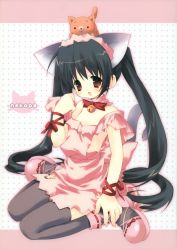 Rule 34 | 1girl, absurdres, animal, animal ears, animal on head, apron, bell, black hair, black thighhighs, cat, cat ears, cat on head, cat tail, collar, copyright request, highres, huge filesize, jingle bell, long hair, maid, maid apron, morinaga korune, neck bell, on head, tail, thighhighs, twintails