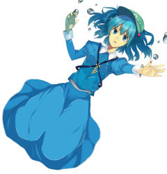 Rule 34 | 1girl, bad id, bad pixiv id, blue eyes, blue hair, down (artist), falling, female focus, hat, juliet sleeves, kawashiro nitori, key, long skirt, long sleeves, lying, matching hair/eyes, nayuta (una), open mouth, outstretched hand, puffy long sleeves, puffy sleeves, skirt, skirt set, solo, tears, touhou, twintails, two side up, water, water drop, white background