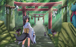 Rule 34 | 1girl, animal ears, bad id, bad pixiv id, black hair, blue eyes, cat, forest, fox ears, fox tail, from behind, highres, ishida seito, light rays, long hair, looking at viewer, looking back, nature, original, path, road, rope, shide, shimenawa, shrine, smile, solo, statue, sunbeam, sunlight, tail, torii