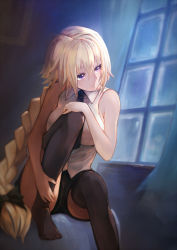 Rule 34 | 1girl, bare arms, bare shoulders, black bow, black necktie, black shorts, blonde hair, blurry, bow, braid, breasts, closed mouth, collared shirt, depth of field, fate/apocrypha, fate (series), foreshortening, hair between eyes, hair bow, indoors, jeanne d&#039;arc (fate), jeanne d&#039;arc (girl from orleans) (fate), jeanne d&#039;arc (ruler) (fate), knee up, long hair, medium breasts, necktie, night, no shoes, on bed, purple eyes, sad, shirt, shorts, single braid, sitting, sleeveless, sleeveless shirt, solo, teko, very long hair, white shirt, window