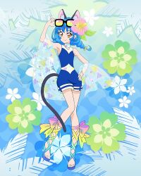 Rule 34 | 1girl, animal ears, blue hair, braid, cat ears, cat girl, cat tail, eyewear on head, flower, hair flower, hair ornament, hand on own hip, highres, long hair, official art, orange eyes, pink flower, precure, precure connection puzzlun, sandals, smile, solo, star twinkle precure, sunglasses, tail, third-party source, twin braids, yuni (precure)