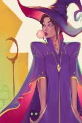 Rule 34 | 1girl, alderion-al, brown hair, blowing bubbles, cape, cat, commentary, dress, earrings, hands in pockets, hat, highres, jewelry, lips, looking to the side, necklace, original, purple cape, purple dress, purple lips, sidelocks, solo, two-sided cape, two-sided fabric, witch hat, yellow eyes