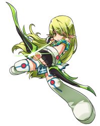 Rule 34 | 1girl, armlet, boots, bow (weapon), elsword, full body, green eyes, green hair, long hair, matching hair/eyes, no nose, official art, pointy ears, ranger (elsword), rena erindel, ress, skirt, solo, thigh boots, thighhighs, transparent background, weapon, white background, white thighhighs