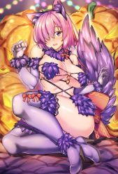 Rule 34 | animal ears, bare shoulders, breasts, claw pose, claws, commentary request, cosplay, craft essence (fate), elbow gloves, fate/grand order, fate (series), fur-trimmed gloves, fur-trimmed legwear, fur collar, fur trim, gloves, hair over one eye, halloween, halloween costume, halloween princess, highres, irisviel von einzbern, irisviel von einzbern (halloween princess), lace, lace-trimmed legwear, lace trim, large breasts, light purple hair, looking at viewer, mash kyrielight, mash kyrielight (dangerous beast), navel, o-ring, o-ring top, official alternate costume, purple eyes, purple gloves, purple hair, purple thighhighs, red ribbon, revealing clothes, ribbon, shiny skin, shirokuma a, short hair, sideboob, sitting, solo, tail, thighhighs, underboob, wolf ears, wolf tail