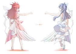 Rule 34 | 2girls, amou kanade, breasts, closed mouth, commentary request, dress, high heels, kazanari tsubasa, long hair, looking at another, multiple girls, red hair, senki zesshou symphogear, simple background, smile, white background