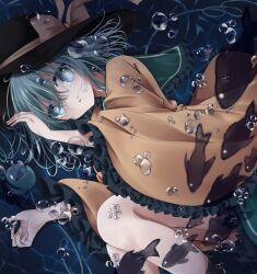 Rule 34 | 1girl, black footwear, black hat, bow, bubble, commentary request, feet out of frame, fish, green eyes, green hair, hat, hat bow, highres, komeiji koishi, long sleeves, looking at viewer, open mouth, rei rf, short hair, third eye, touhou, underwater, wide sleeves, yellow bow