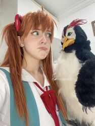 Rule 34 | 1girl, 1other, :&lt;, bird, blue eyes, brazilian (nationality), brown hair, character doll, cosplay, freckles, hairpods, highres, interface headset, lips, looking at another, memepantazis, neon genesis evangelion, penguin, penpen, photo (medium), school uniform, souryuu asuka langley, souryuu asuka langley (cosplay), standing, tokyo-3 middle school uniform, twintails, two side up