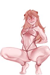 Rule 34 | 1girl, arms behind back, ass, bdsm, blue eyes, bondage, bound, breasts, brown hair, cleavage, completely nude, female focus, floating hair, highres, legs, lips, long hair, looking down, medium breasts, navel, neon genesis evangelion, nervous smile, nipples, nortipai, nude, partially visible vulva, pussy juice, shiny skin, smile, solo, souryuu asuka langley, squatting, standing, thighs, two side up, wide hips