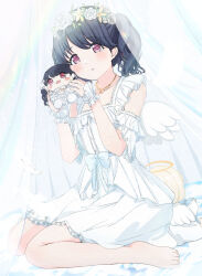 Rule 34 | 1girl, angel, angel wings, barefoot, black hair, blue bow, blush, bow, commentary request, detached sleeves, dress, feathers, flat chest, flower, frilled dress, frills, fukumaru koito, hair flower, hair ornament, halo, highres, holding, holding stuffed toy, idolmaster, idolmaster shiny colors, jewelry, legs, looking at viewer, medium hair, necklace, official alternate costume, parted lips, pink eyes, raichita, sitting, solo, stuffed toy, sunlight, transparent curtains, twintails, wariza, wavy hair, white dress, wings
