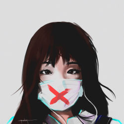 Rule 34 | 1girl, absurdres, brown eyes, brown hair, crying, crying with eyes open, grey background, headphones, highres, long hair, looking at viewer, mouth mask, original, portrait, sergey orlov, signature, simple background, solo, surgical mask, tears, white mask