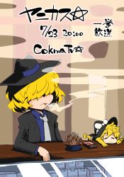 Rule 34 | 2girls, alice margatroid, ashtray, black headwear, black jacket, blazer, blonde hair, blue shirt, bow, cigarette, cigarette pack, closed mouth, collared shirt, commentary request, cookie (touhou), expressionless, fedora, gram 9, grey necktie, hair over eyes, hat, hat bow, highres, jacket, jigen (cookie), kirisame marisa, koga (cookie), long sleeves, multiple girls, necktie, shirt, short hair, smoke, smoking, touhou, translation request, upper body, white bow