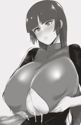 Rule 34 | 1girl, after paizuri, bangs, blunt bangs, blush, breast grab, breast lift, breasts, breath, bright pupils, censored, clothing cutout, covered collarbone, creatures (company), cum, cum on body, cum on breasts, cum on upper body, cumdrip, erect nipples, erection, eyelashes, game freak, grabbing, grabbing own breast, grey background, greyscale, gym leader, highres, huge breasts, jewelry, lips, long hair, looking at penis, megao 3rd, monochrome, mosaic censoring, nintendo, parted lips, penis, pokemon, pokemon (game), pokemon lgpe, ring, sabrina (pokemon), shiny, shiny clothes, simple background, sleeves past elbows, solo focus, sweat, turtleneck, underboob cutout