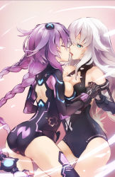 Rule 34 | 10s, 2girls, aqua eyes, armlet, armor, ass, back, back cutout, bare shoulders, black heart (neptunia), black legwear, blush, bracer, braid, breast press, breasts, cleavage, cleavage cutout, closed eyes, clothes writing, clothing cutout, couple, cowboy shot, elbow gloves, emblem, english text, faulds, flipped hair, from side, ge-b, gloves, gradient background, hair ornament, half-closed eyes, halterneck, highres, holding hands, imminent kiss, interlocked fingers, large breasts, leotard, long hair, magical girl, multiple girls, neon trim, neptune (neptunia), neptune (series), noire (neptunia), open mouth, power symbol, power symbol-shaped pupils, profile, purple hair, purple heart (neptunia), revision, sideboob, skin tight, symbol-shaped pupils, symmetrical docking, thighhighs, turtleneck, twin braids, very long hair, white hair, yuri