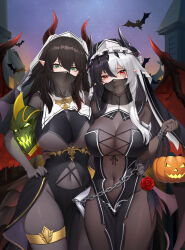 Rule 34 | 2girls, absurdres, bat (animal), black thighhighs, breasts, chain, fangs, feathers, flower, green eyes, hair ornament, halloween, halloween bucket, highres, horns, large breasts, mouth veil, multicolored hair, multiple girls, original, red eyes, thighhighs, veil, wish-tf