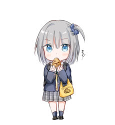 Rule 34 | 1girl, bag, black footwear, blue eyes, blue jacket, blue scrunchie, blue socks, blush, chibi, commentary request, eating, food, full body, grey hair, grey skirt, hair between eyes, hair ornament, hair scrunchie, holding, holding food, jacket, loafers, looking at viewer, one side up, open clothes, open jacket, original, plastic bag, pleated skirt, scrunchie, shoes, simple background, skirt, socks, solo, standing, sweater vest, taiyaki, translated, v-shaped eyebrows, wagashi, wataame27, white background