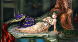 Rule 34 | 1boy, 2girls, animal print, bed, cleopatra (fate), cleopatra (third ascension) (fate), dress, fate/grand order, fate (series), fine art parody, green hair, indoors, gaius julius caesar (fate), leopard print, long hair, longjunt, lying, multicolored hair, multiple girls, name connection, nitocris (fate), parody, see-through, signature, very long hair, white dress