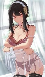 Rule 34 | 1girl, black hair, black thighhighs, blush, bra, breasts, cleavage, collarbone, condom, condom wrapper, cowboy shot, dress, flower, garter belt, gold, hair flower, hair ornament, hairband, highres, large breasts, long hair, looking at viewer, micchan (micchanmeido), mouth hold, off shoulder, panties, red bra, red eyes, red garter belt, red panties, rose, see-through, see-through dress, solo, spy x family, sweat, thighhighs, underwear, underwear only, white hairband, yor briar