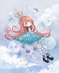 Rule 34 | 1girl, black footwear, black nails, blue skirt, blunt bangs, blush, bow, bright pupils, blowing bubbles, candle, candy, card, choker, cloud, crown, day, earrings, flower, food, frilled socks, frills, fruit, full body, hair ribbon, heart, heart necklace, high heels, holding, jewelry, kneehighs, layered skirt, lolita fashion, long hair, long legs, nail polish, necklace, one side up, original, pear, playing card, ribbon, shirosaki london, shirt, shoes, signature, skirt, sky, sleeveless, sleeveless shirt, soap bubbles, socks, solo, strawberry, striped clothes, striped socks, tooth, very long hair, white pupils, wrist cuffs