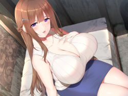 Rule 34 | 1girl, :d, bare shoulders, bed, bed sheet, blue skirt, blush, breasts, brown hair, cleavage, collarbone, diletta, dutch angle, hair ornament, hairclip, hand on own chest, highres, huge breasts, indoors, long hair, looking at viewer, low ponytail, minamon (vittel221), non-web source, on bed, open mouth, original, purple eyes, ribbed shirt, shirt, sidelocks, sitting, skirt, sleeveless, sleeveless shirt, smile, solo, very long hair, white shirt