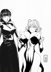 Rule 34 | 2girls, alternate breast size, black dress, bosomforpillow, breast expansion, breasts, covered erect nipples, dress, fubuki (one-punch man), highres, huge breasts, large breasts, multiple girls, one-punch man, siblings, sisters, surprised, tatsumaki, wide hips