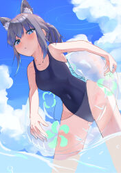 Rule 34 | 1girl, animal ear fluff, animal ears, black one-piece swimsuit, blue archive, blue eyes, blue sky, breasts, cloud, competition swimsuit, covered navel, cross hair ornament, extra ears, grey hair, hair ornament, halo, highleg, highleg swimsuit, highres, holding, holding swim ring, innertube, leaning forward, low ponytail, medium breasts, medium hair, mismatched pupils, mixjuice, multicolored clothes, multicolored swimsuit, one-piece swimsuit, partially underwater shot, shiroko (blue archive), shiroko (swimsuit) (blue archive), sky, solo, swim ring, swimsuit, transparent innertube, wading, wolf ears