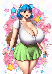 Rule 34 | 1girl, bag, blue hair, bob cut, breasts, cleavage, collarbone, commentary, curvy, earrings, english commentary, erkaz, floral background, gigantic breasts, green skirt, handbag, highres, huge breasts, jewelry, navel, original, plunging neckline, red eyes, rina atherina, shirt, short hair, skirt, solo, standing, star (symbol), starry background, stud earrings, thick thighs, thighs, veins, veiny breasts, white shirt