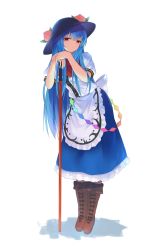 Rule 34 | 1girl, :/, absurdres, back bow, bent over, black headwear, blue hair, boots, bow, breasts, brown footwear, buttons, center frills, collared shirt, commentary request, cross-laced footwear, dress, fen zuo, frilled dress, frills, fruit hat ornament, full body, highres, hinanawi tenshi, long hair, looking at viewer, medium breasts, peach hat ornament, planted, planted sword, planted weapon, puffy short sleeves, puffy sleeves, rainbow order, red eyes, red neckwear, red ribbon, ribbon, shadow, shirt, short sleeves, solo, standing, sword, sword of hisou, touhou, weapon, white bow, wing collar