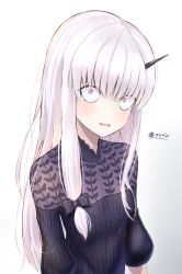 Rule 34 | 1girl, black dress, blush, commentary request, dress, fate/grand order, fate (series), gradient background, grey background, hair between eyes, head tilt, highres, horns, i.f.s.f, lavinia whateley (fate), long hair, long sleeves, looking at viewer, parted lips, puffy long sleeves, puffy sleeves, purple eyes, simple background, single horn, solo, twitter username, upper body, very long hair, white background, white hair, wide-eyed