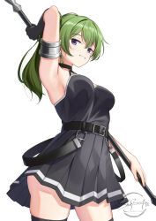 Rule 34 | 1girl, arm strap, arm up, armpits, bare shoulders, black choker, black dress, black gloves, breasts, choker, dress, gloves, green hair, grin, hair between eyes, highres, large breasts, long hair, looking at viewer, purple eyes, side ponytail, simple background, single glove, skyrail, smile, solo, sousou no frieren, teeth, thighs, ubel (sousou no frieren), white background