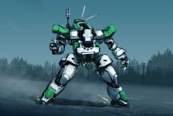 Rule 34 | blue eyes, forest, gun, handgun, highres, holding, holding gun, holding weapon, ksenolog, looking at viewer, mecha, nature, one-eyed, open hand, original, pistol, power lines, road, robot, skating, solo, weapon