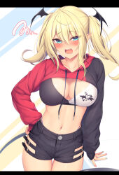 Rule 34 | 1girl, absurdres, arm support, black shorts, blonde hair, blue eyes, blush, breasts, buckle, cleavage, collarbone, demon girl, demon tail, demon wings, fang, hair between eyes, hand on own hip, hanpenmaru, head wings, highres, hood, hoodie, large breasts, looking at viewer, medium hair, multicolored nails, navel, open mouth, original, pointy ears, shorts, shrug (clothing), simple background, solo, stomach, tail, thigh gap, twintails, wings