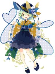 Rule 34 | 1girl, ;d, adapted costume, blue hat, blue skirt, bow, commentary, floral print, frilled kimono, frills, full body, green eyes, green hair, hands up, hat, hat bow, hat ribbon, heart, heart of string, highres, japanese clothes, kimono, komeiji koishi, long sleeves, looking at viewer, miniskirt, nikorashi-ka, obi, okobo, one-hour drawing challenge, one eye closed, open mouth, ribbon, sandals, sash, short hair, skirt, sleeves past wrists, smile, solo, teeth, touhou, upper teeth only, wide sleeves, yellow bow, yellow kimono