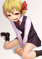 Rule 34 | 1girl, black socks, blonde hair, blush, boots, bow, child, grey background, hair bow, kurione (zassou), long sleeves, looking at viewer, looking up, necktie, open mouth, red eyes, red necktie, rumia, shirt, short hair, simple background, sitting, skirt, skirt set, smile, socks, solo, touhou, vest, white shirt