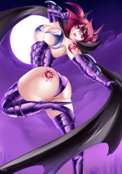 Rule 34 | 1girl, absurdres, ass, ass tattoo, bare shoulders, boots, breasts, cape, elbow gloves, fangs, from behind, full moon, gloves, high heel boots, high heels, highres, huge ass, kogawawaki, large breasts, leotard, long hair, looking at viewer, looking back, moon, night, open mouth, original, pointy ears, ponytail, red eyes, red hair, shiny clothes, shiny skin, solo, tattoo, thigh boots, thighhighs, vampire