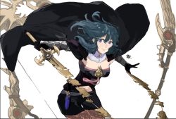 Rule 34 | 1girl, armor, axe, black shorts, blue eyes, blue hair, bow (weapon), brown pantyhose, byleth (female) (fire emblem), byleth (fire emblem), closed mouth, clothing cutout, dagger, fire emblem, fire emblem: three houses, highres, holding, holding sword, holding weapon, knife, lace, lace-trimmed legwear, lace trim, medium hair, navel cutout, nintendo, pantyhose, pantyhose under shorts, polearm, sakuremi, sheath, sheathed, shorts, simple background, solo, super smash bros., sword, weapon, white background