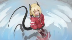 Rule 34 | 1girl, blonde hair, boots, closed mouth, dragon girl, dragon horns, dragon tail, fang, from above, grey skirt, hands in pockets, highres, hood, hood down, hoodie, horns, looking at viewer, looking up, original, paintrfiend, pleated skirt, red footwear, red hoodie, reflection, shirt, skirt, smile, solo, standing, standing on liquid, tail, water, water surface, white shirt, yellow eyes, zipper